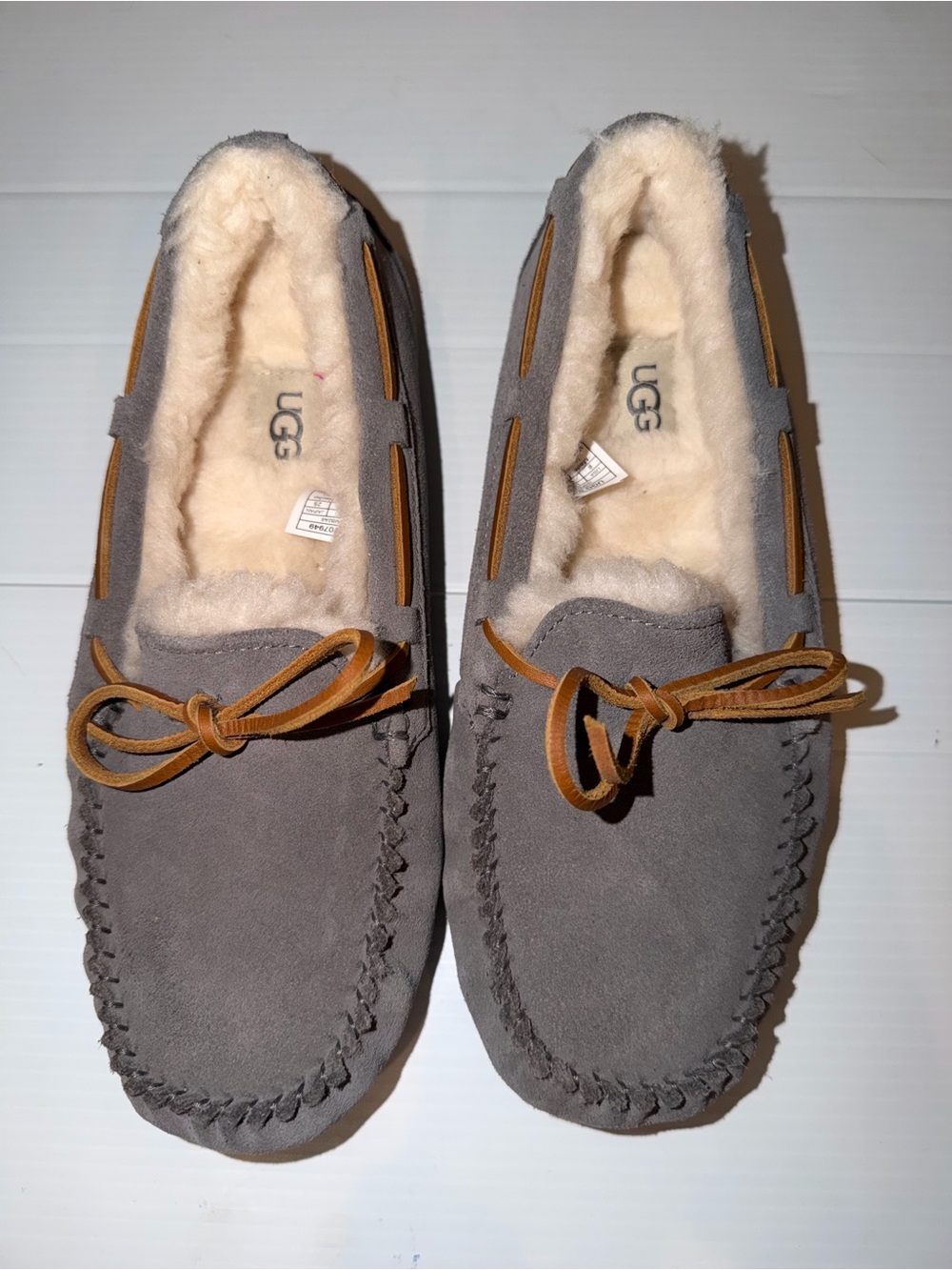 UGG Kids Gray Suede Moccasin Slippers with Tan Lace